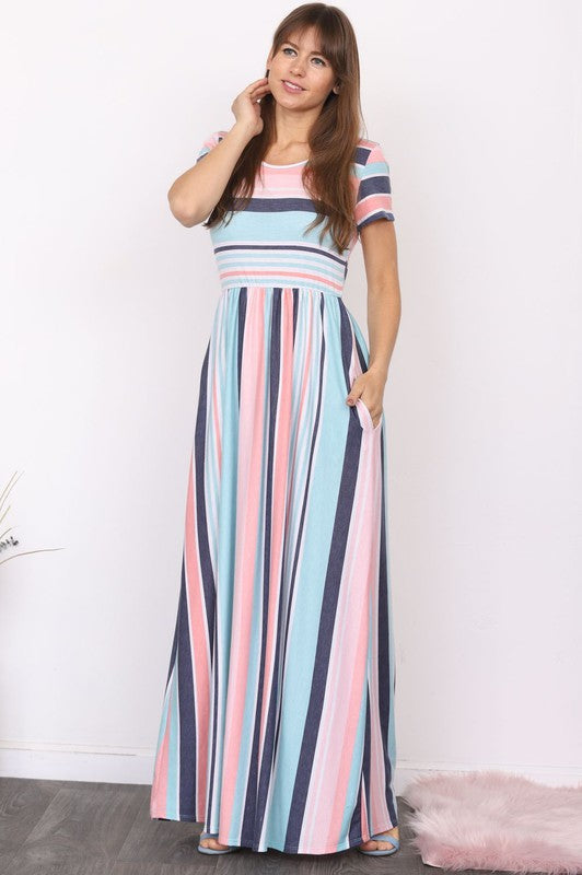 Experience the ultimate in elegant style with PinkBlu02 The Shea, our Plus-sized Short Sleeve Stripe Maxi Dress. Crafted in the USA using a blend of premium materials including polyester, rayon, and spandex, this dress offers the perfect combination of fashion and comfort. Versatile and sophisticated, you'll feel poised and stylish in this one-of-a-kind creation.