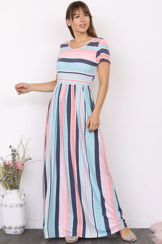 Experience the ultimate in elegant style with PinkBlu02 The Shea, our Plus-sized Short Sleeve Stripe Maxi Dress. Crafted in the USA using a blend of premium materials including polyester, rayon, and spandex, this dress offers the perfect combination of fashion and comfort. Versatile and sophisticated, you'll feel poised and stylish in this one-of-a-kind creation.