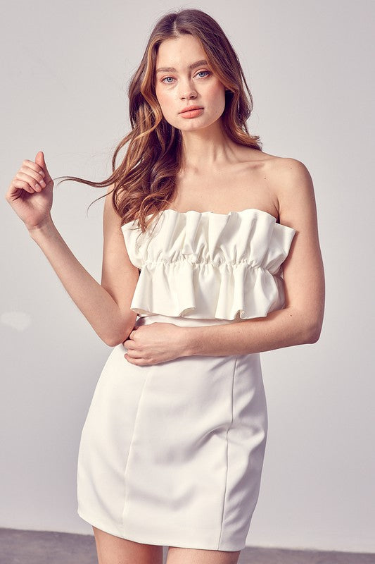 Omni Open Shoulder Ruffle Dress