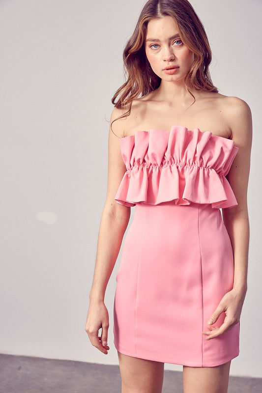 Omni Open Shoulder Ruffle Dress