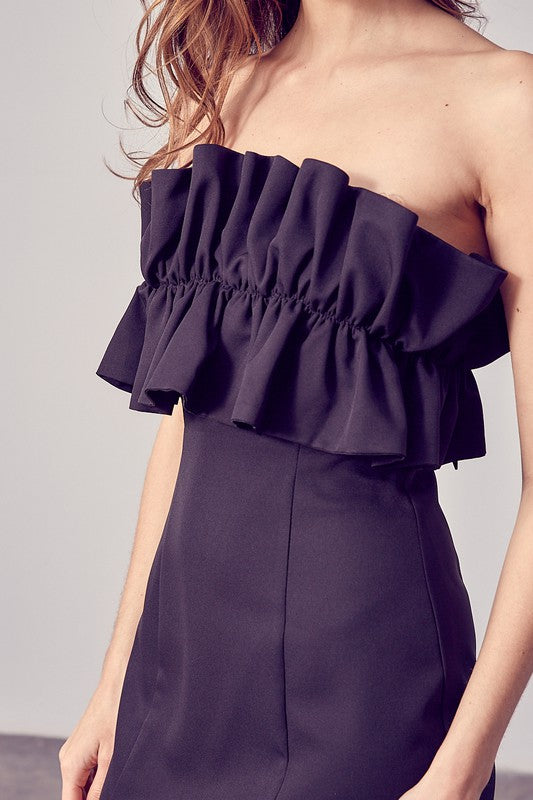 Omni Open Shoulder Ruffle Dress