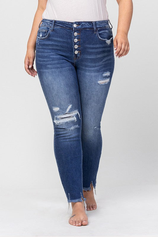 Womens High Rise Patched Button Up Distressed Jeans