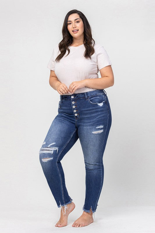 Womens High Rise Patched Button Up Distressed Jeans