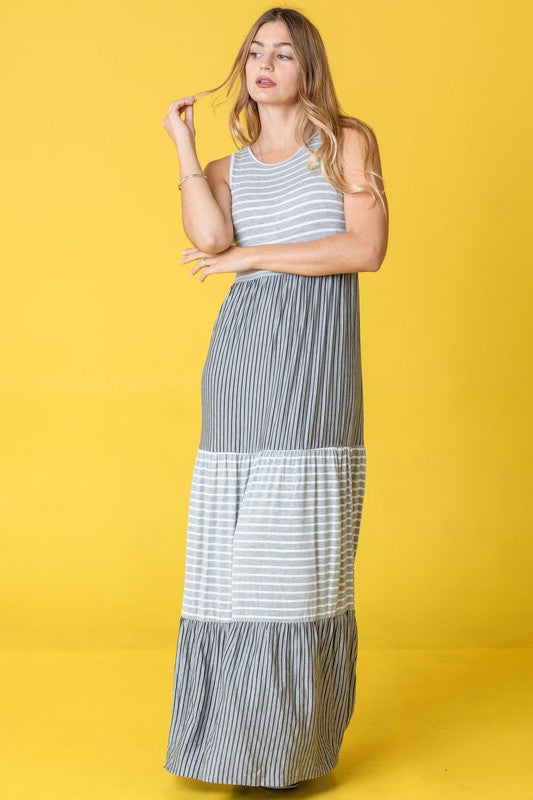 Pretti Plus Sleeveless Stripe Tiered Maxi Dress