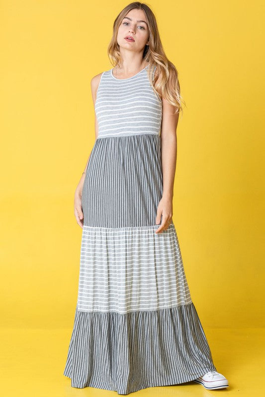 Pretti Plus Sleeveless Stripe Tiered Maxi Dress