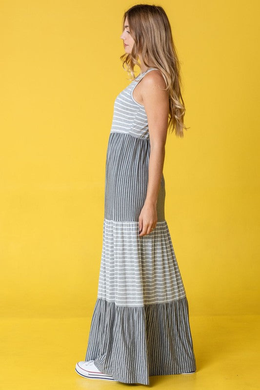 Pretti Plus Sleeveless Stripe Tiered Maxi Dress