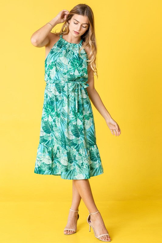 Pam Plus Halter Neck Tropical Sash Dress