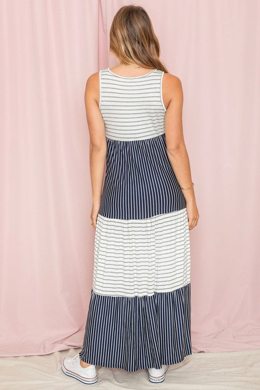 Pretti Plus Sleeveless Stripe Tiered Maxi Dress