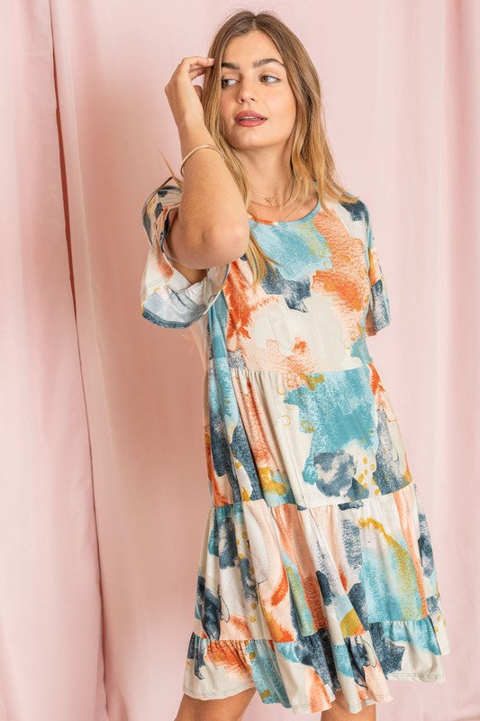 Tia Tie Dye Ruffle Triple Tiered Midi Dress