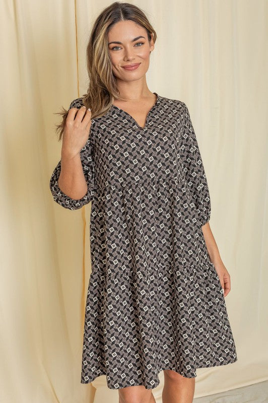 Pippy Plus Square Print Notch Neck Midi Dress