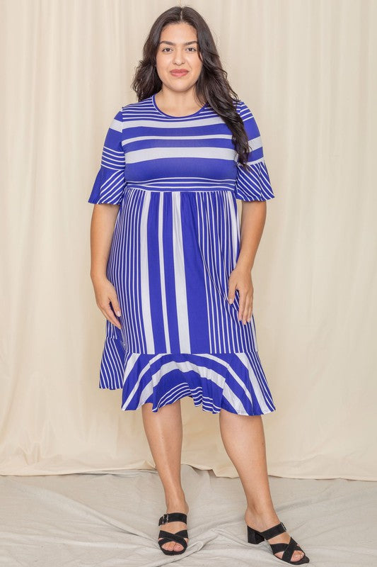 Plus Mix Stripe Ruffle Midi Dress