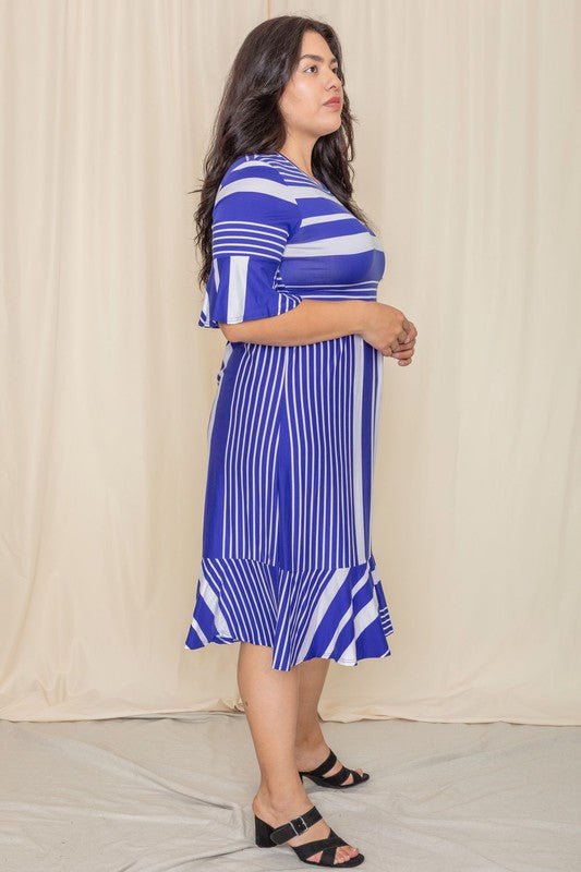 Plus Mix Stripe Ruffle Midi Dress