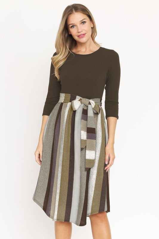 Queenie Plus Quarter Sleeve Stripe Sash Midi Dress