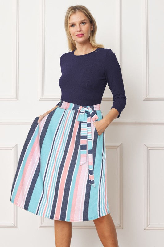 Queenie Plus Quarter Sleeve Stripe Sash Midi Dress