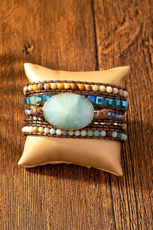 34 inch natural stone boho bracelet - PinkBlu02