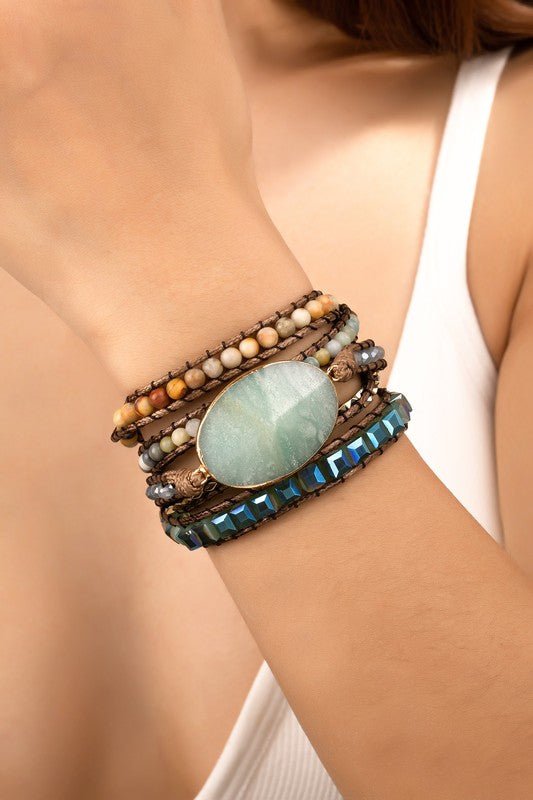 34 inch natural stone boho bracelet - PinkBlu02