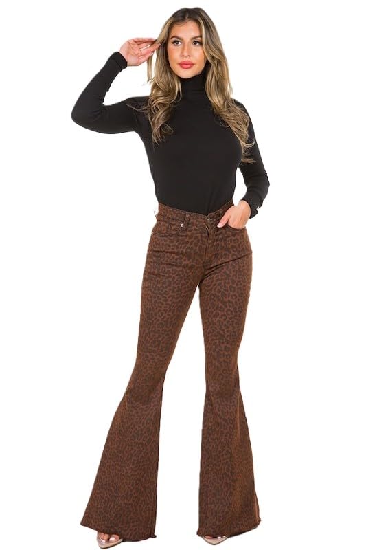 PinkBlu02 Women's Leopard Print Bell Bottom Jean - Brown, Size 3-34 Inseam, Fashion-conscious Individuals' Choice