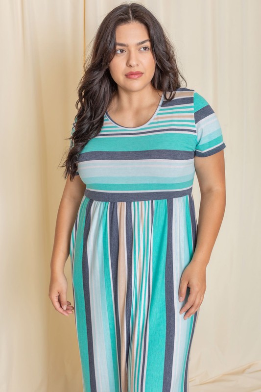 Experience the ultimate in elegant style with PinkBlu02 The Shea, our Plus-sized Short Sleeve Stripe Maxi Dress. Crafted in the USA using a blend of premium materials including polyester, rayon, and spandex, this dress offers the perfect combination of fashion and comfort. Versatile and sophisticated, you'll feel poised and stylish in this one-of-a-kind creation.