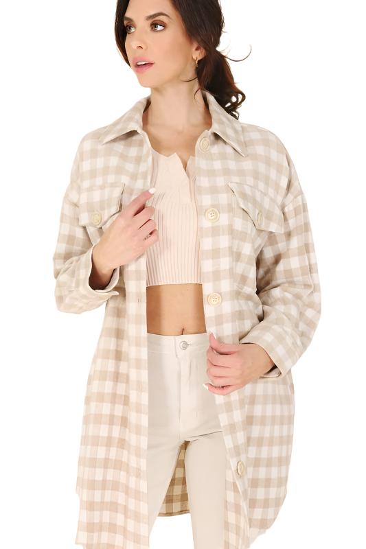 Introducing the Chia Checkered Jacket, a stylish and convenient layering piece for any outfit. Crafted from 100% polyester, this shacket features a shirt collar, regular sleeves, and long sleeves with functional buttons for opening. The check pattern adds a touch of sophistication, making it perfect for young, fashion-conscious consumers. This unisex item is available in sizes S to XL and is machine washable for easy care. The Chia Checkered Jacket is a versatile addition to any wardrobe...