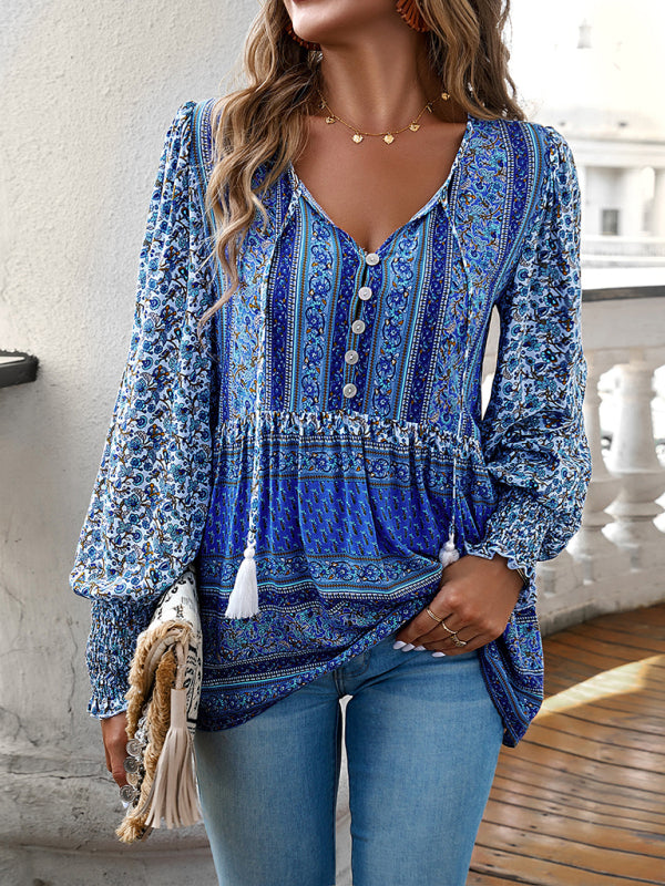 Women's positioning printed button bohemian top