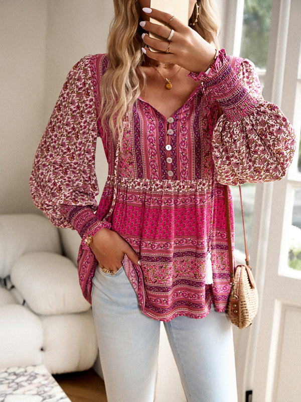 Women's positioning printed button bohemian top