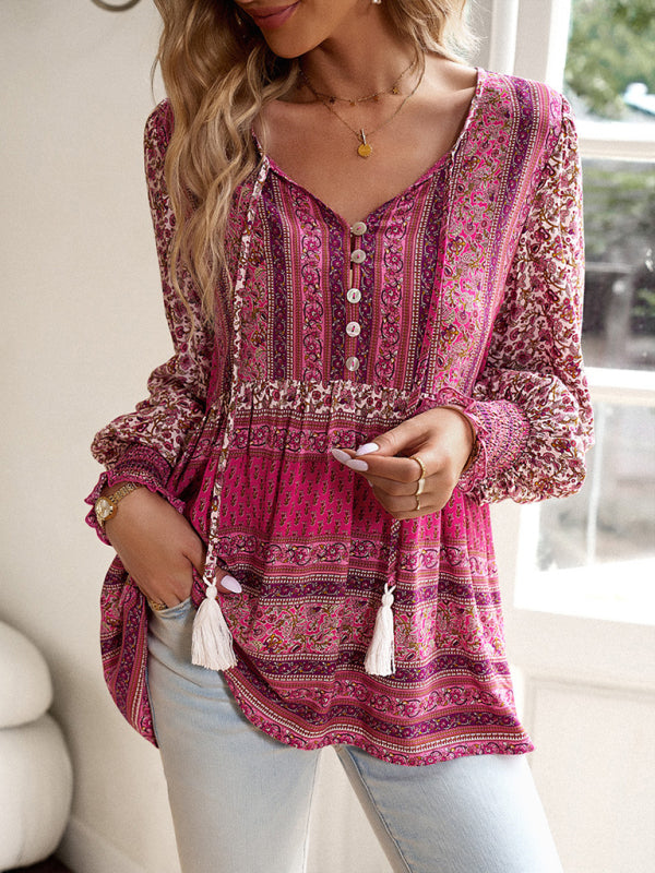 Women's positioning printed button bohemian top