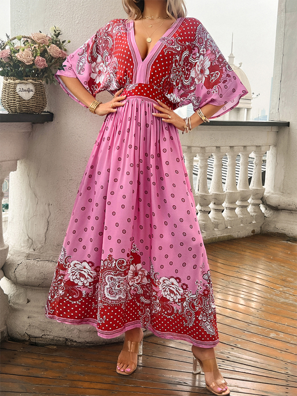 Spring and summer casual holiday printed V-neck long skirt