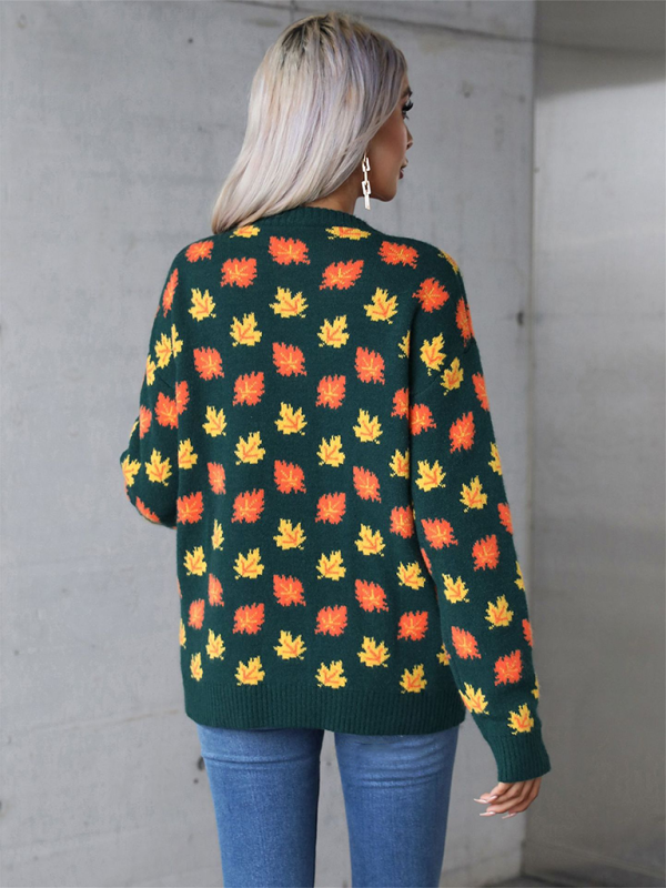 Halloween Maple Leaf Christmas Crew Neck Sweater Knit Bottom Sweater