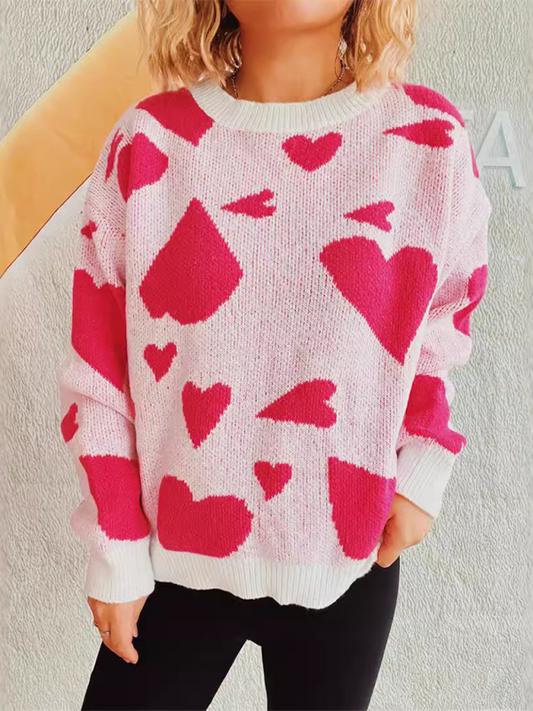 Valentine's Day Sweater Round Neck Heart Two Color Jacquard Pullover Sweet Knit Sweater