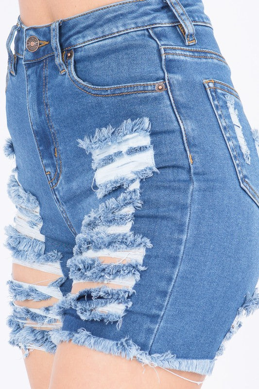 Double-sided Distressed Denim Shorts