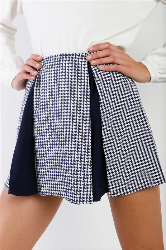 Item features: Navy & cream, houndstooth print, solid navy contrast pleated detail, high waisted, mini length, side hidden zipper and hook & eye closure, non stretch, lined, trendy print, perfect casual office look, classy, fall/winter collection