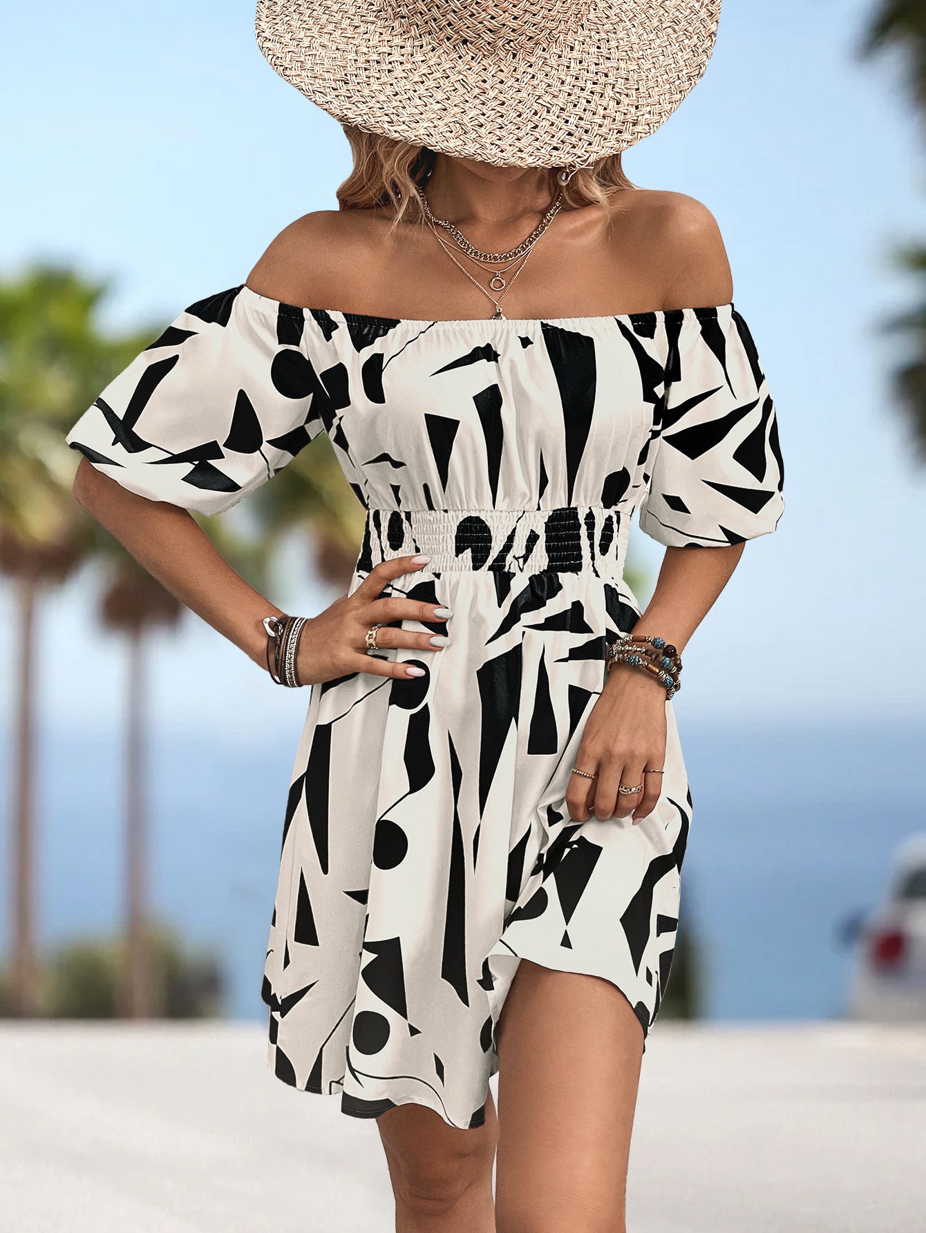 Plus Size Printed Off-Shoulder Smocked Waist Dress