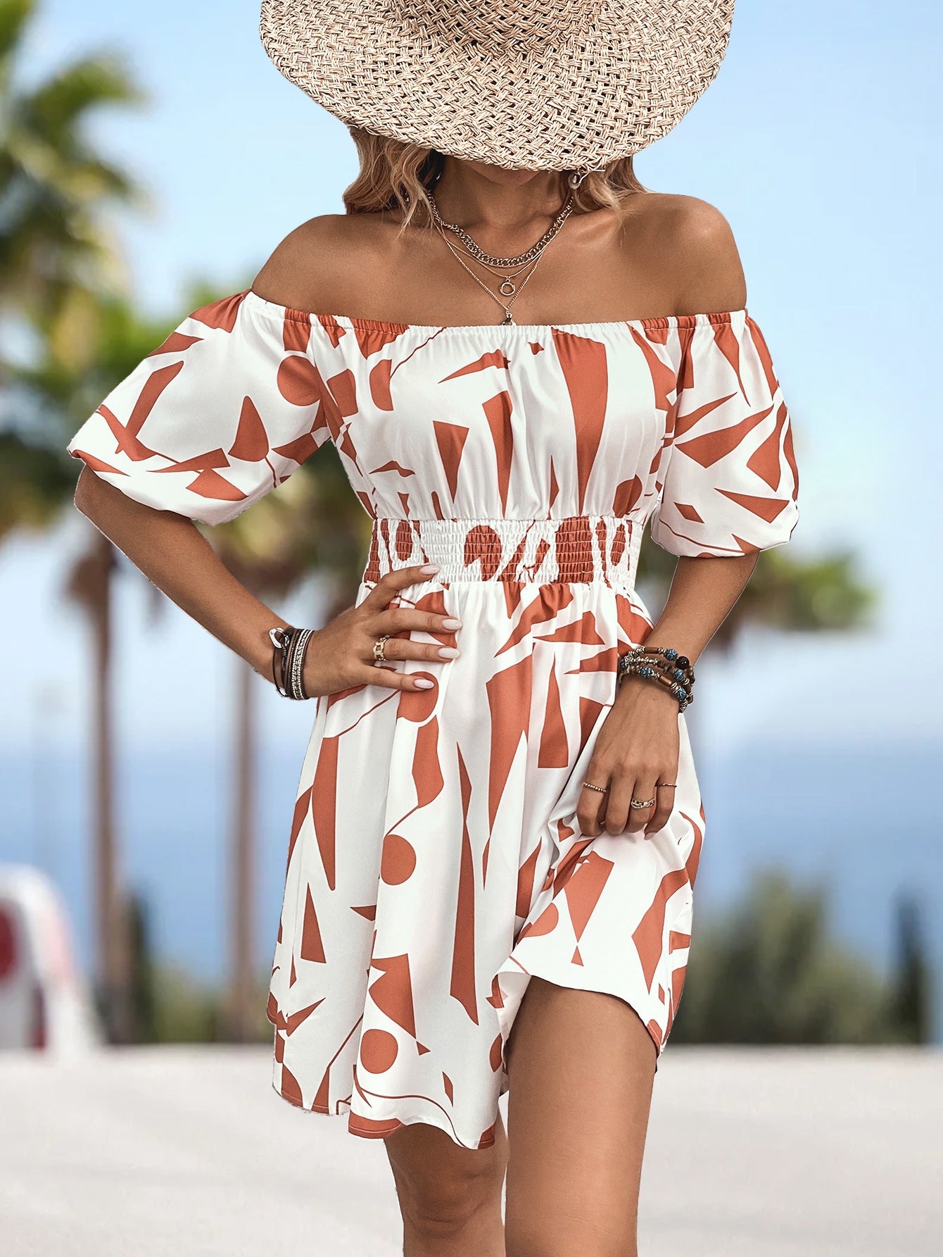 Plus Size Printed Off-Shoulder Smocked Waist Dress